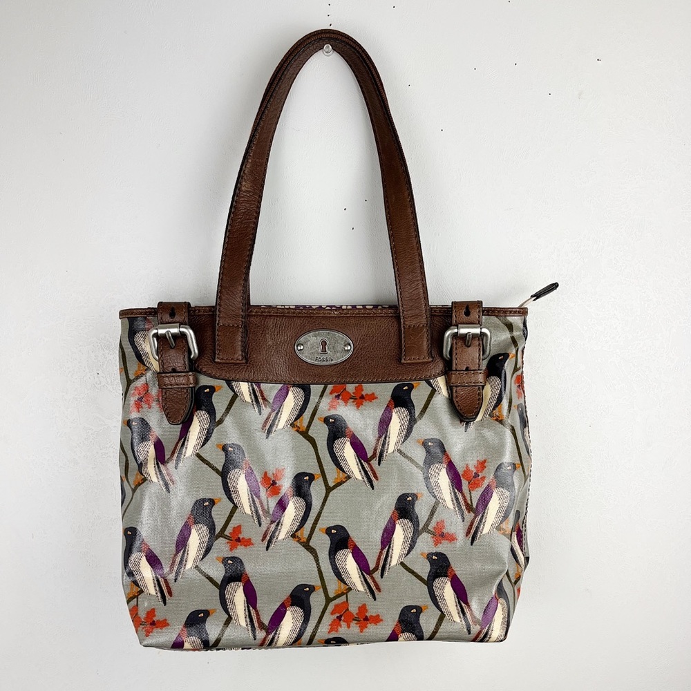 Fossil Key Per Handbag Bird Print Leather Trim Shoulder Bag Purse Boho